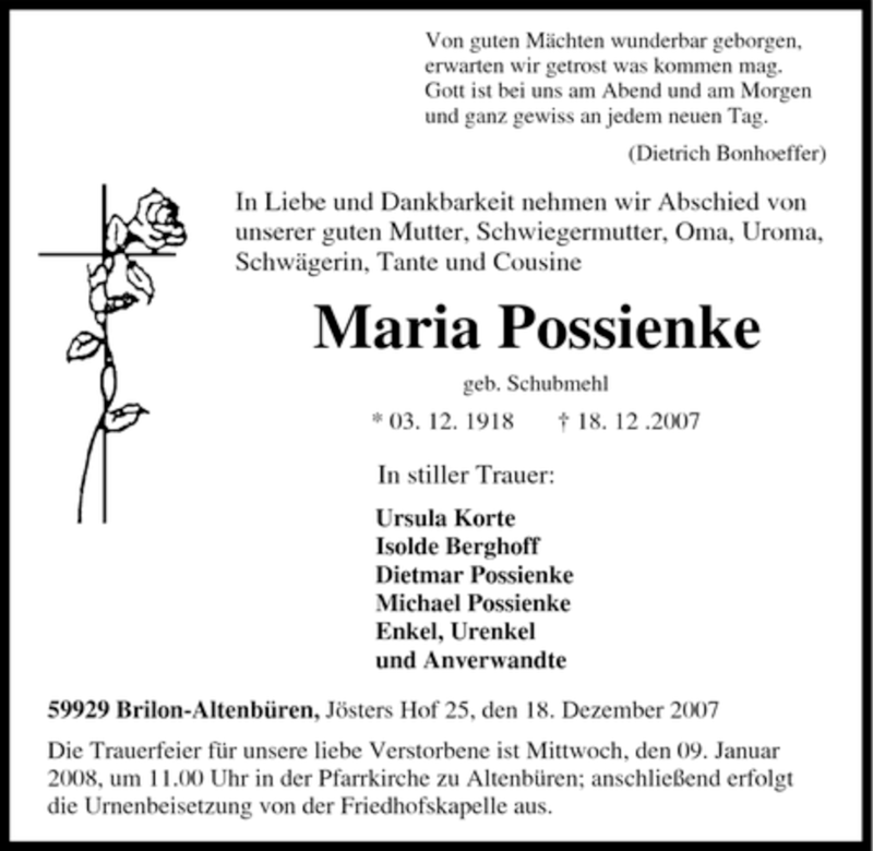  Traueranzeige für Maria Possienke vom 05.01.2008 aus Tageszeitung