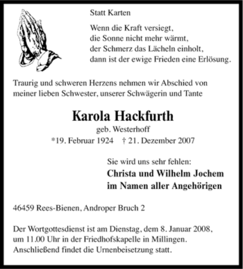 Traueranzeige von Karola Hackfurth von Tageszeitung