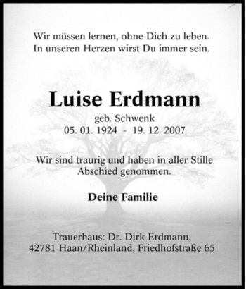 Traueranzeige von Luise Erdmann von Tageszeitung