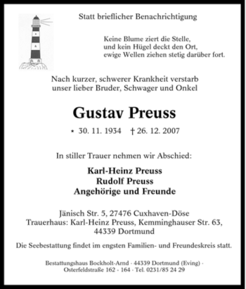 Traueranzeige von Gustav Preuss von Tageszeitung