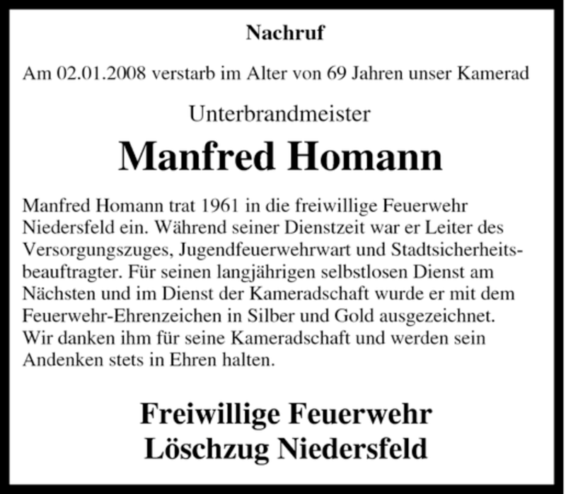  Traueranzeige für Manfred Homann vom 05.01.2008 aus Tageszeitung