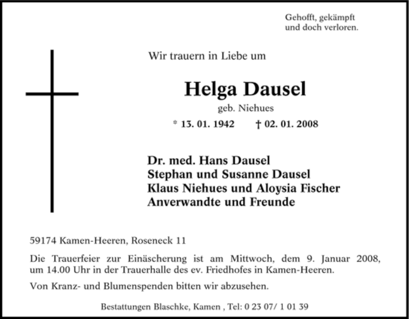  Traueranzeige für Helga Dausel vom 05.01.2008 aus Tageszeitung