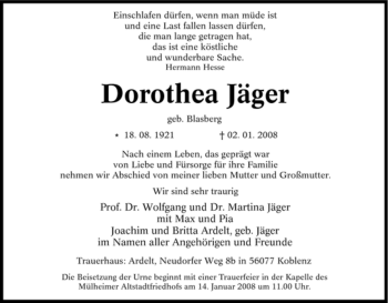 Traueranzeige von Dorothea Jäger von Tageszeitung