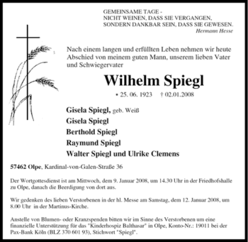 Traueranzeige von Wilhelm Spiegl von Tageszeitung