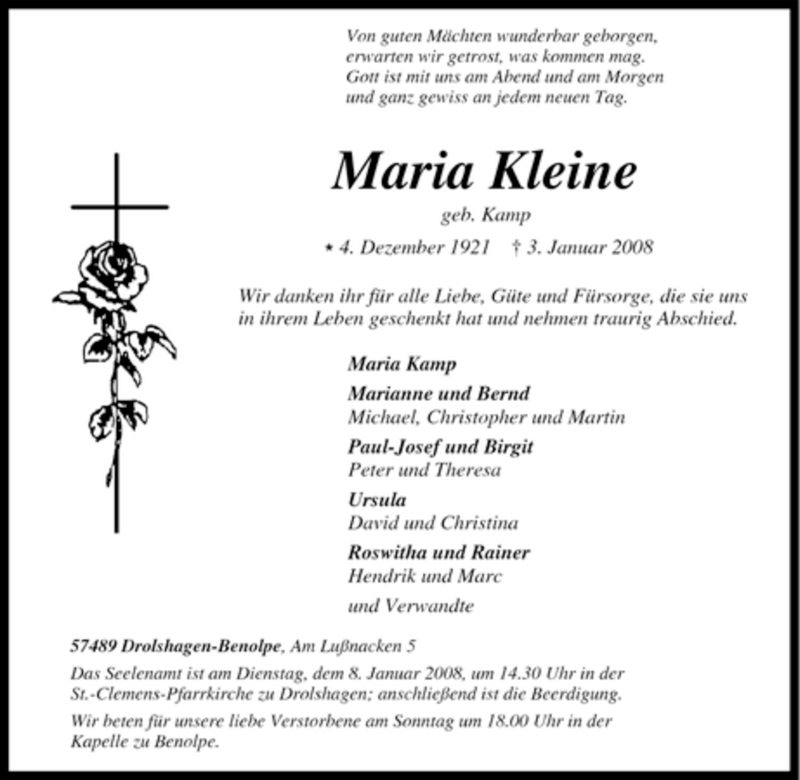  Traueranzeige für Maria Kleine vom 05.01.2008 aus Tageszeitung