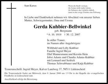 Traueranzeige von Gerda Kuhbier-Bellwinkel von Tageszeitung