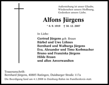 Traueranzeige von Alfons Jürgens von Tageszeitung