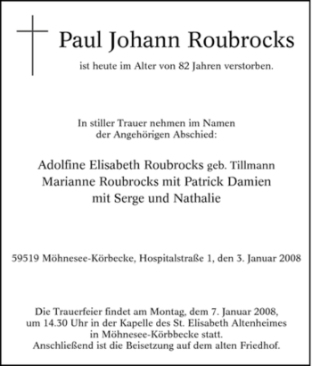 Traueranzeige von Paul Johann Roubrocks von Tageszeitung