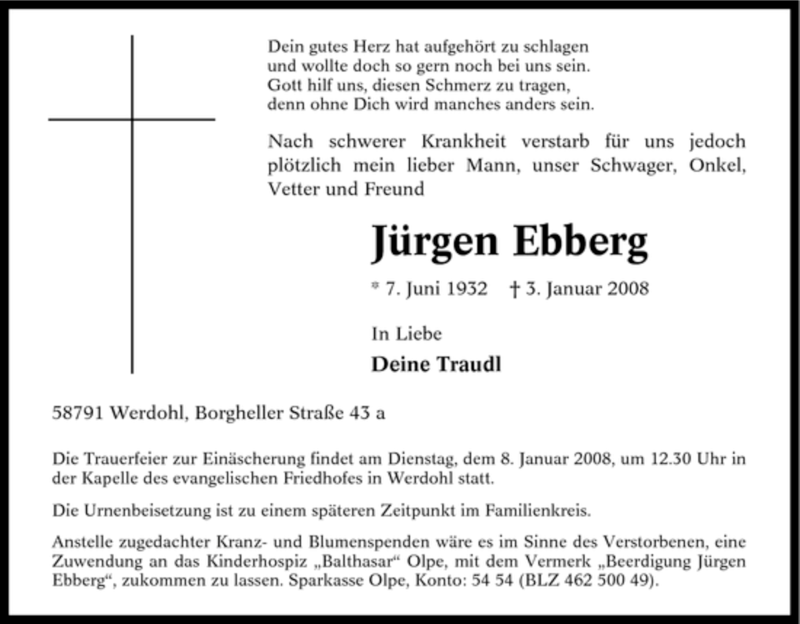  Traueranzeige für Jürgen Ebberg vom 05.01.2008 aus Tageszeitung
