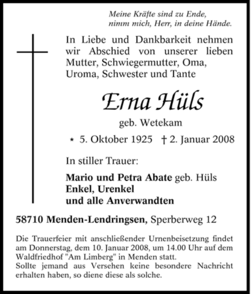  Traueranzeige für Erna Hüls vom 05.01.2008 aus Tageszeitung