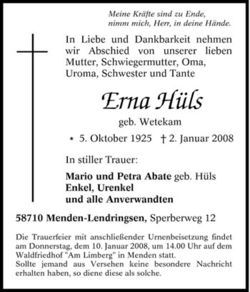 Traueranzeige von Erna Hüls von Tageszeitung