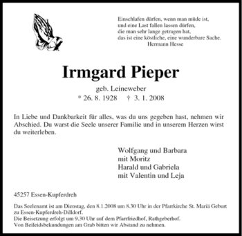 Traueranzeige von Irmgard Pieper von Tageszeitung