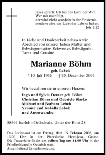 Traueranzeige von Marianne Böhm von Tageszeitung