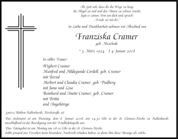 Traueranzeige von Franziska Cramer von Tageszeitung