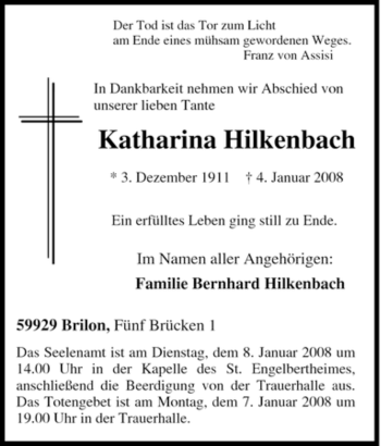 Traueranzeige von Katharina Hilkenbach von Tageszeitung