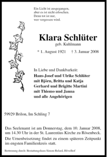 Traueranzeige von Klara Schlüter von Tageszeitung