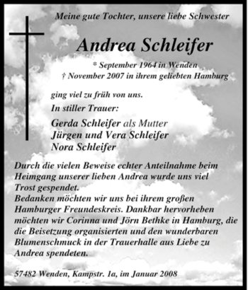 Traueranzeige von Andrea Schleifer von Tageszeitung