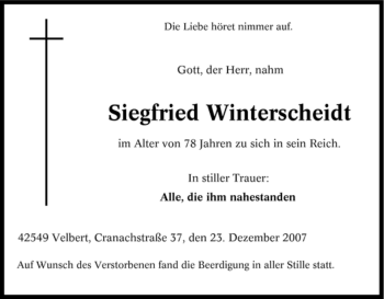 Traueranzeige von Siegfried Winterscheidt von Tageszeitung