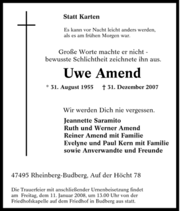 Traueranzeige von Uwe Amend von Tageszeitung