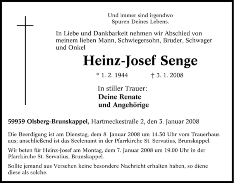  Traueranzeige für Heinz-Josef Senge vom 05.01.2008 aus Tageszeitung