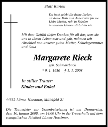 Traueranzeige von Margarete Rieck von Tageszeitung