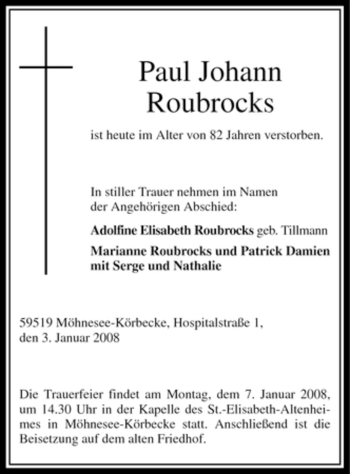 Traueranzeige von Paul Johann Roubrocks von Tageszeitung