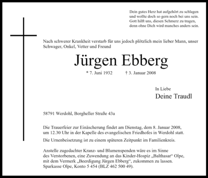  Traueranzeige für Jürgen Ebberg vom 05.01.2008 aus Tageszeitung