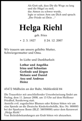 Traueranzeige von Helga Riehl von Tageszeitung