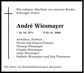 Traueranzeige von André Wiesmayer von Tageszeitung