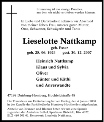 Traueranzeige von Lieselotte Nattkamp von Tageszeitung
