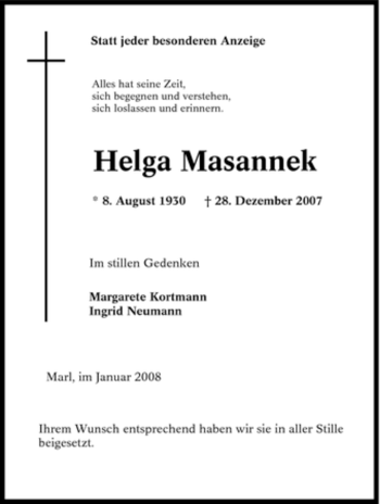 Traueranzeige von Helga Masannek von Tageszeitung