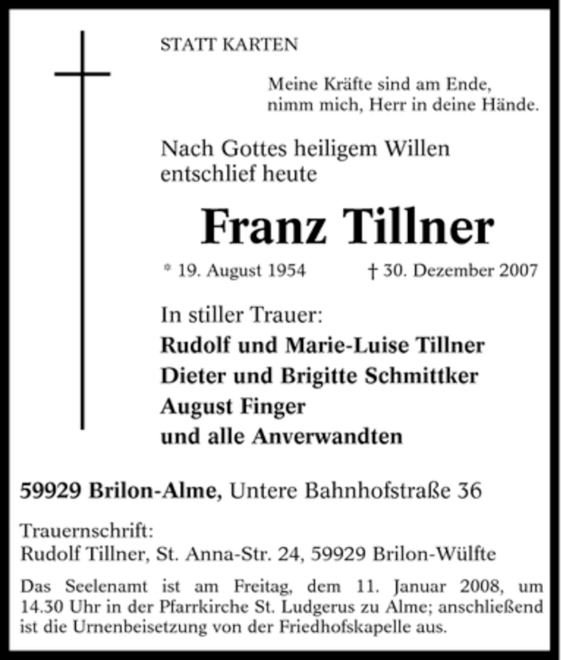 Traueranzeige für Franz Tillner vom 07.01.2008 aus Tageszeitung