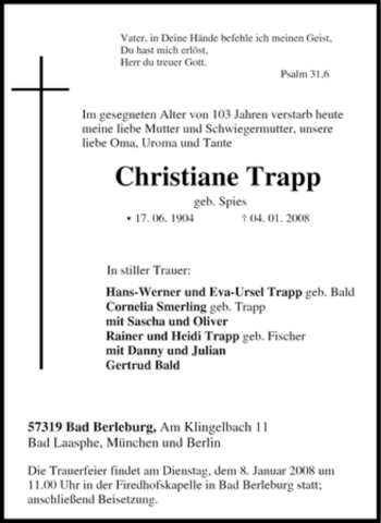Traueranzeige von Christiane Trapp von Tageszeitung