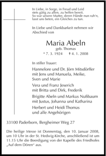 Traueranzeige von Maria Abeln von Tageszeitung