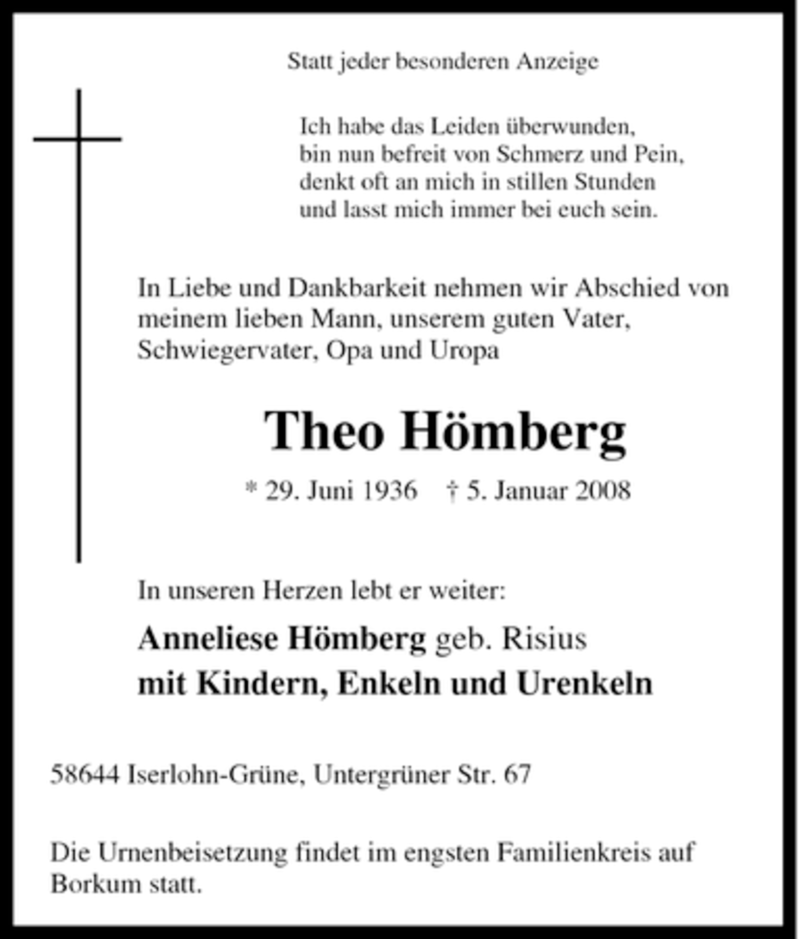  Traueranzeige für Theo Hömberg vom 07.01.2008 aus Tageszeitung