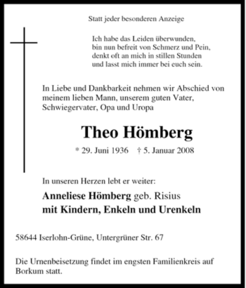 Traueranzeige von Theo Hömberg von Tageszeitung