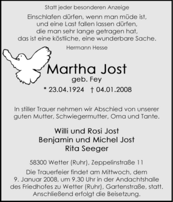 Traueranzeige von Martha Jost von Tageszeitung