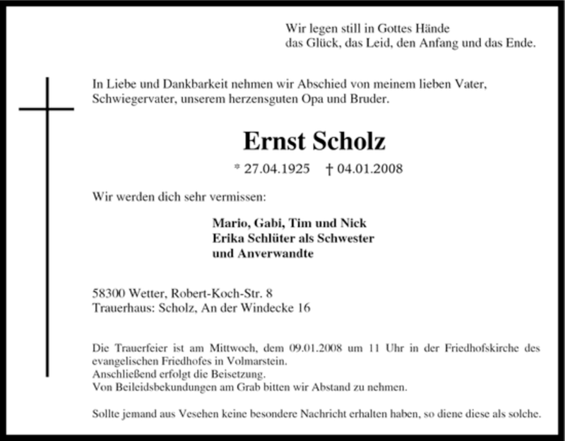 Traueranzeigen von Ernst Scholz TrauerinNRW.de