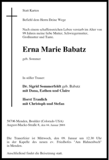Traueranzeige von Erna Marie Babatz von Tageszeitung