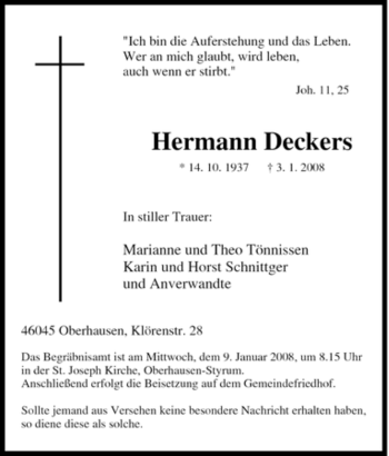 Traueranzeige von Hermann Deckers von Tageszeitung