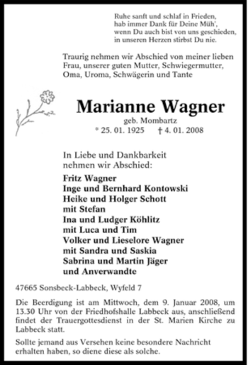Traueranzeige von Marianne Wagner von Tageszeitung