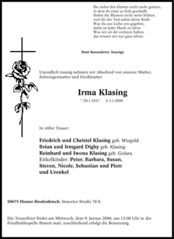 Traueranzeige von Irma Klasing von Tageszeitung