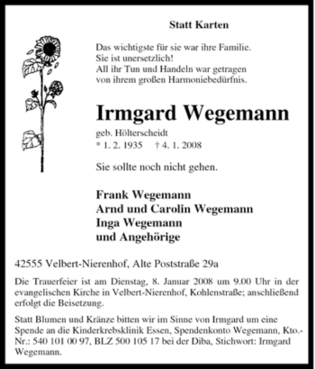 Traueranzeige von Irmgard Wegemann von Tageszeitung