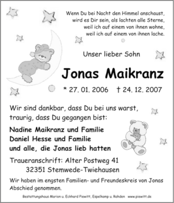 Traueranzeige von Jonas Maikranz von Tageszeitung