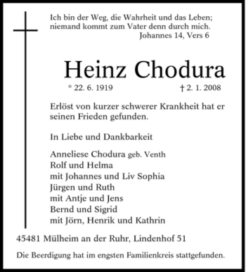 Traueranzeige von Heinz Chodura von Tageszeitung