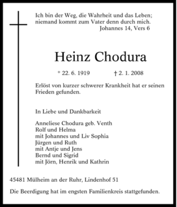 Traueranzeige von Heinz Chodura von Tageszeitung