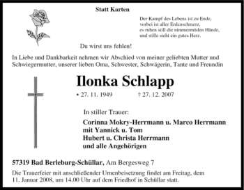 Traueranzeige von Ilonka Schlapp von Tageszeitung