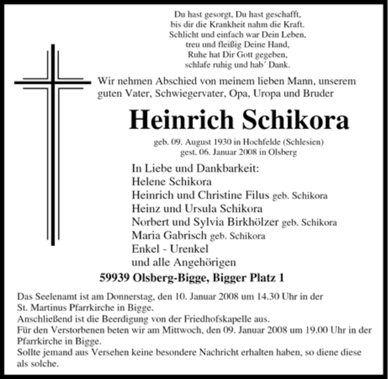  Traueranzeige für Heinrich Schikora vom 08.01.2008 aus Tageszeitung