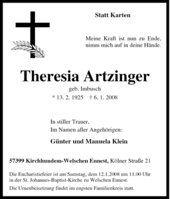 Traueranzeige von Theresia Artzinger von Tageszeitung