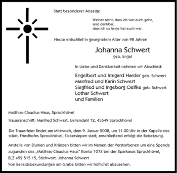 Traueranzeige von Johanna Schwert von Tageszeitung